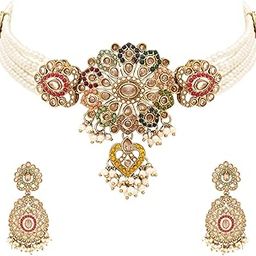 Gold Plated Traditional Kundan Pearl Multi Layered Choker Necklace Jewellery Set For Women (ML446W)-image-39