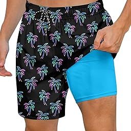 Mens Swimming Trunks with Compression Liner Swim Shorts 7 inch Quick Dry Bathing Suit Anti Chafe Boardshorts, Dark Palm Tree, M-image-95