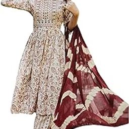 Paavai Boutique Women's Cotton Embroidered Long Anarkali Kurti with Pant and Dupatta Set | Pack of 1-image-18