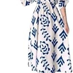 Women's Summer Midi Dress - Floral Print V-Neck Casual Loose Fit Beach Dress with Short Sleeves and Elastic Waist 100% Cotton, Black and White-image-73