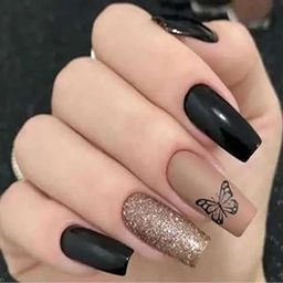 Emqueen Black Butterfly Glitter Press-On Nails | 24-Piece Reusable Stick-On Nail Set for Women & Girls | Easy Glue Application | Long-Lasting Finish | Artificial Nail Extensions-image-81