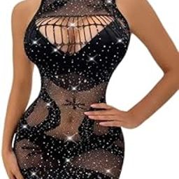 Womens Stylish Lingeries Fishnet Dress for Women Mesh Badydoll Fishnets Dresses See Through Lingerie Chemise Outfits- V Stone Black-10