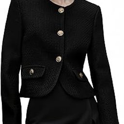 Women's Cropped Crew Neck Casual Tweed Blazer Elegant Slim Long Sleeve Jacket with Fake Pockets-image-32