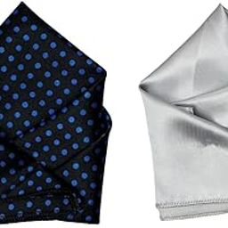 Set of 2 Pocket Squares for Men – Black with Blue Polka Dots & Silver Satin – Stylish Handkerchief Combo for Formal-18