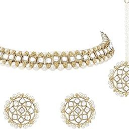 Traditional Gold Plated Kundan Choker Necklace With Stud Earrings and Maang Tikka Ethnic Jewellery Set Gift for Women & Girls-image-67