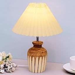 Homesake® Small Cute Bedside Lamp with Linen Beige Lampshade, Nightstand Lamp for Nursery, Bedroom, Kid Room, Living Room, Light Brown Wooden Base, E27, Ribbed Urn, (Pleated Off-White)-image-67
