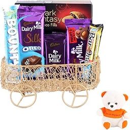 SFU E Com Handmade Metal Wire Basket With Loaded Chocolate Gift | Valentine Love Teddy Bear With Chocolate Combo | Valentine Chocolate Hamper | 642-0