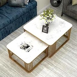 MYSALER Iron Frame Handmade Square 20"x20" Coffee Table/Nesting Table/Side Table/Center Table with Marble MDF White Top for Living Room/Drawing Room/Balcony Gold(Set of 2)-image-5