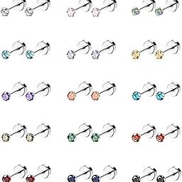 15 Pairs 20G 316L Stainless Steel CZ Stud Earrings for Women Men Cartilage Screwback Earring Set 3mm-image-47
