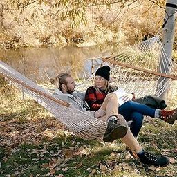 Hacer Wooden Stick Swing with Cotton Net Hammock White Hanging Rope Portable Sleeping Swinging Bed for Patio Lawn Garden Camping Beach (200 x 150 cm)-image-76