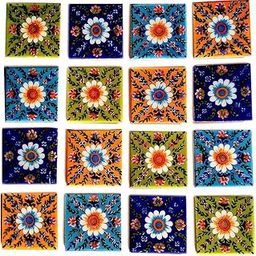 Blue Pottery Home Decorative Ceramic Wall Hanging Tile Design Flooring Tiles Floral Kitchen Washroom Mosaic Furniture Tile Handmade Backsplash 3 x 3 Inches (Pack of 16, Multicolor)-picture-10