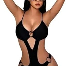 Hollow Out One-Piece Swimsuit for Women – Sexy Cut Out Monokini with Spaghetti Straps, Tummy Control Slimming Swimwear, Backless High Cut Bathing Suit for Beach & Pool Black-image-93