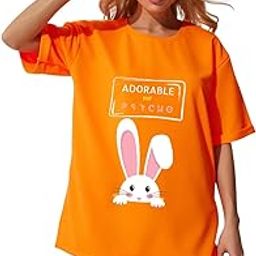 Adorable But Psycho Graphic T-Shirt for Women – Oversized Black Tee with Cute Bunny Print – Funny Casual Round Neck Cotton Tee-image-29