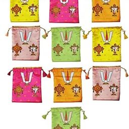 Pack of 10 Shanku Chakra Namam Design Potli Bags - Women's Silk Drawstring Closure Gift Pouches - for Return Gifting - Potli Bags for Thamboolam - Fabric Potli Batwa Bag Bridal Purse (Multi-Color)-27
