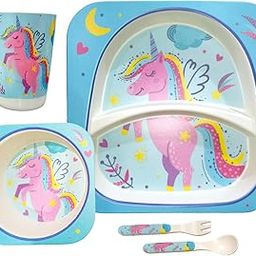 Deepashri™ Unicorn Bamboo Fibre Dinner Set for Kids - Plate Bowl Cup Fork and Spoon/Feeding Utensils for Kids and Toddlers Eco-Friendly & Biodegradable | Set of 5-13