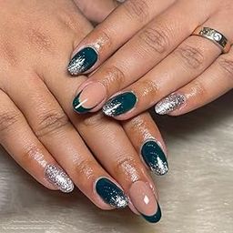 BEAUTYFLYY Professional Nail,Green With French And Glitter Work Artificial Nails Fake Nails With Complete Application Tools 12pcs-13