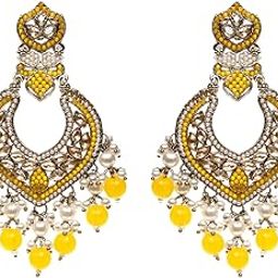 Traditional Chand Bali Pearl Earrings, Handcrafted Crystal-Studded Design, Gold-Plated Chandelier Style (YELLOW)-10