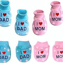 Cotton Scratch Mittens And Booties for Baby Boys And Girls Newborn, 0-6 Months, Hand Gloves With socks, I Love Mom and Dad Print (pack of 2 Set)-image-37