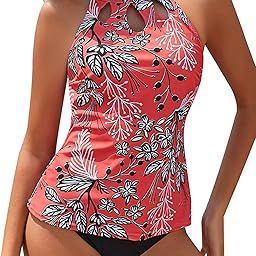 Two Piece High Neck Tankini Swimsuits for Women Tummy Control Bathing Suits Floral Print Swimwear, Coral, XX-Large-image-79