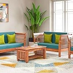 Custom Decor Sheesham Sofa Set for Living Room Wood Furniture | Office | Wooden Sofa Set | Natural Teak Brown (3+2+1) Bottle Green-image-18