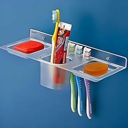SUPRO Multi use 4 in 1 Multipurpose Double Soap Stand with Tumbler Holder Sleek Design Bathroom Accesories Shelf soap Holder for washbasin,Bathroom, Kitchen(Pack of 1,Clear, Plastic)-picture-22