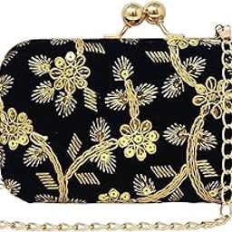 Evening Clutch Bag with Gold Floral Embroidery for Women and Girls, Detachable Chain Strap, Ladies Purse Handbag-image-60