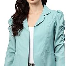 Women Light Blue Solid Cotton Lightweight Open Front Casual Blazer-picture-24
