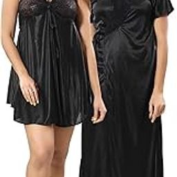Women's Satin Nightwear Set, 2 Piece Short and Long Nighty, Black Lace-Trimmed Sleepwear, Babydoll and Maxi Gown (Black, Free)-image-44