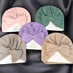 TD Creations Baby Bow Turban Hat Set – 5 Soft Cotton Blend Colors, Comfortable Infant Head Cover, Perfect for Newborns and Babies-image-33