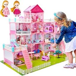 KIDIIG Doll House Girls Toys,4-Story 11 Rooms Playhouse with 2 Dolls Toy Figures with Light,Accessories, Furniture Pretend Play Gift Toys for 3 4 5 6 7 Year Old Girls Multi Color Brand: JETRA-18