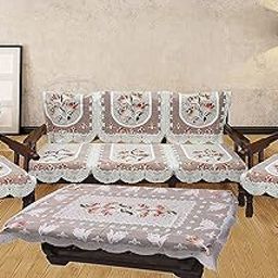 FAIRY HOME® Polyester & Net Fabric Tulip Design Sofa Cover Set, Standard, Beige (5 Seater with Table)-image-66