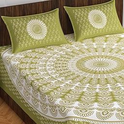 BedZone 100% Cotton Rajasthani Jaipuri Traditional Floral King Size Double Bedsheet with 2 Pillow Covers - Green Peacock Pankh-image-56