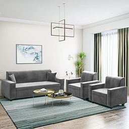 FURNY Qualitywood 5 Seater 3+1+1 Fabric Sofa Set (Light Grey Color)-image-33