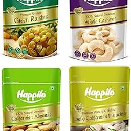Happilo Premium Dry Fruits Combo Pack of 4 | California Almonds, Green Raisins, Whole Cashews, Roasted Pistachios | Total 850 g | Healthy Dry Fruits Snacks | Kaju, Kismis, Pista & Badam Combo-image-39