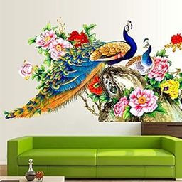 WALLSTICKS WS111 PVC Vinyl Peacock - King of Birds, Flower Creative Colourful Decorative Wall Sticker (100 cm X 60 cm, Multicolour)-7
