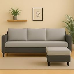 FURNY Conva Fabric 4 Seater L Shape Sofa Set 3 Seater Modern Sofa Set & Ottoman for Living Room (Light Grey-Dark Grey)-image-16