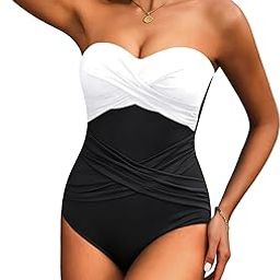 Women Strapless One Piece Swimsuits Tummy Control Bandeau Bathing Suits Retro Slimming Swimwear-image-21