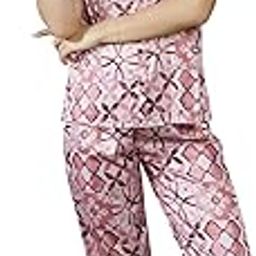 Riza Imported Satin Fabric Short Sleeves Relaxed Fit Printed Shirt and Pyjama Night Suit Set/VNS-1125-image-44