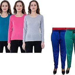 IndiWeaves Women Winter Wear Solid Cotton Full Sleeves T-Shirt and Fleece Warm Lower/Track Pants (Blue,Pink,Gray,Blue,Rama Green, 36-M) Pack of 5-image-65