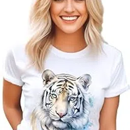 vlam Tiger Print Graphic T-Shirt for Women | Animal Print White Oversized Unisex T-Shirt-picture-0