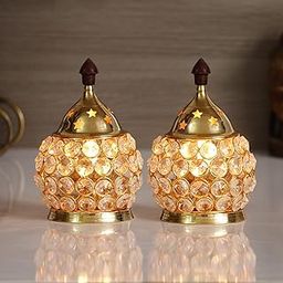eCraftIndia Set of 2 Golden Brass and Crystal Akhand Diya for Puja - Diya for Diwali, Navratri - Brass Diya for Pooja Room, Home Temple Decor - Diwali Diya - Diwali Decoration Item for Home Decor-image-19