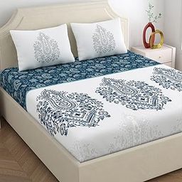 Dreamscape 100% Cotton Double Bedsheet with 2 Pillow Covers - (Size 90 x 98 inches, 200 TC, Colour - Blue: Paisley Splatter- Indigo)-image-73