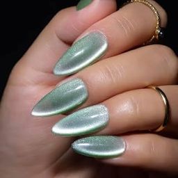 Green Cateyes press on Nails Long-lasting Shimmer Finish, Almond Shape, set of 24 Nails handcrafted by Ziu Nails along with nail prep kit and beautiful gift box-image-92