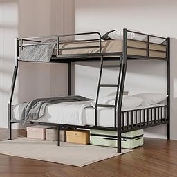 Full XL Over Queen Metal Bunk Bed, Heavy-Duty Bed Frame with EVA Rubber Cover Ladder & Safety Guardrails, Space-Saving Sturdy Queen Bunk Bed for Adults & Teens, Black-image-17