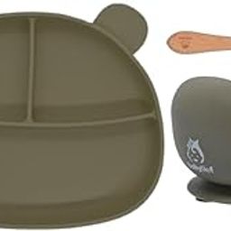 Babylief Bear Shaped Silicone Plate with Suction Base, Wooden Handle Spoon, 20 cm, Available in 5 Colours (Olive Green)-image-71