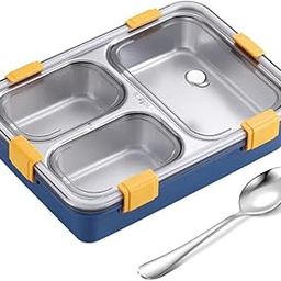 Clazkit 3 Compartment Stainless Steel Lunch Box, Leakage Proof Lunch Box for School Kids and Adults Pack of 1 Blue,750ML-27