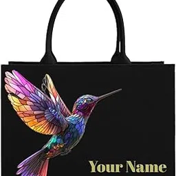 rerden Personalized Hummingbird Tote Bag, Black Canvas with Colorful Bird Design, Customizable Name Print, Double Handle-picture-30