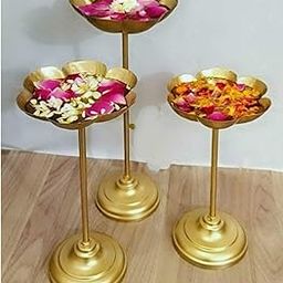 Design Magnifique Set of 3 Urli Bowl tealight Holder Stand Diwali Home puja Decor (Taj Stand Set),Iron-image-12