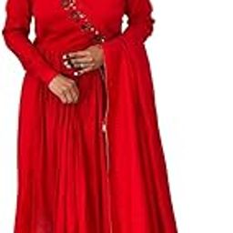 Red Anarkali Dress with Floral Embroidery, Long Sleeves, V-Neck, Traditional Indian Ethnic Wear (Size XL)-image-31