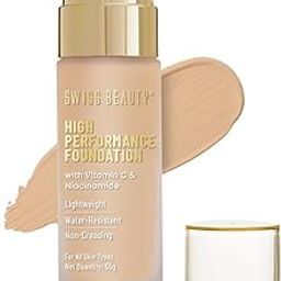 Swiss Beauty High Performance Foundation | Water-Resistant | Medium To Buildable Coverage Liquid Dewy Finish | Lightweight | Easy To Blend | With Vitamin C & Niacinamide | 04 Natural Nude, 55G-53